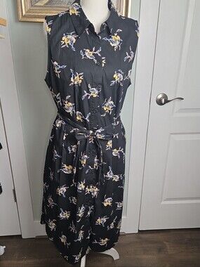 Who What Wear Sleeveless Black Floral Shirt Dress with Tie Waist